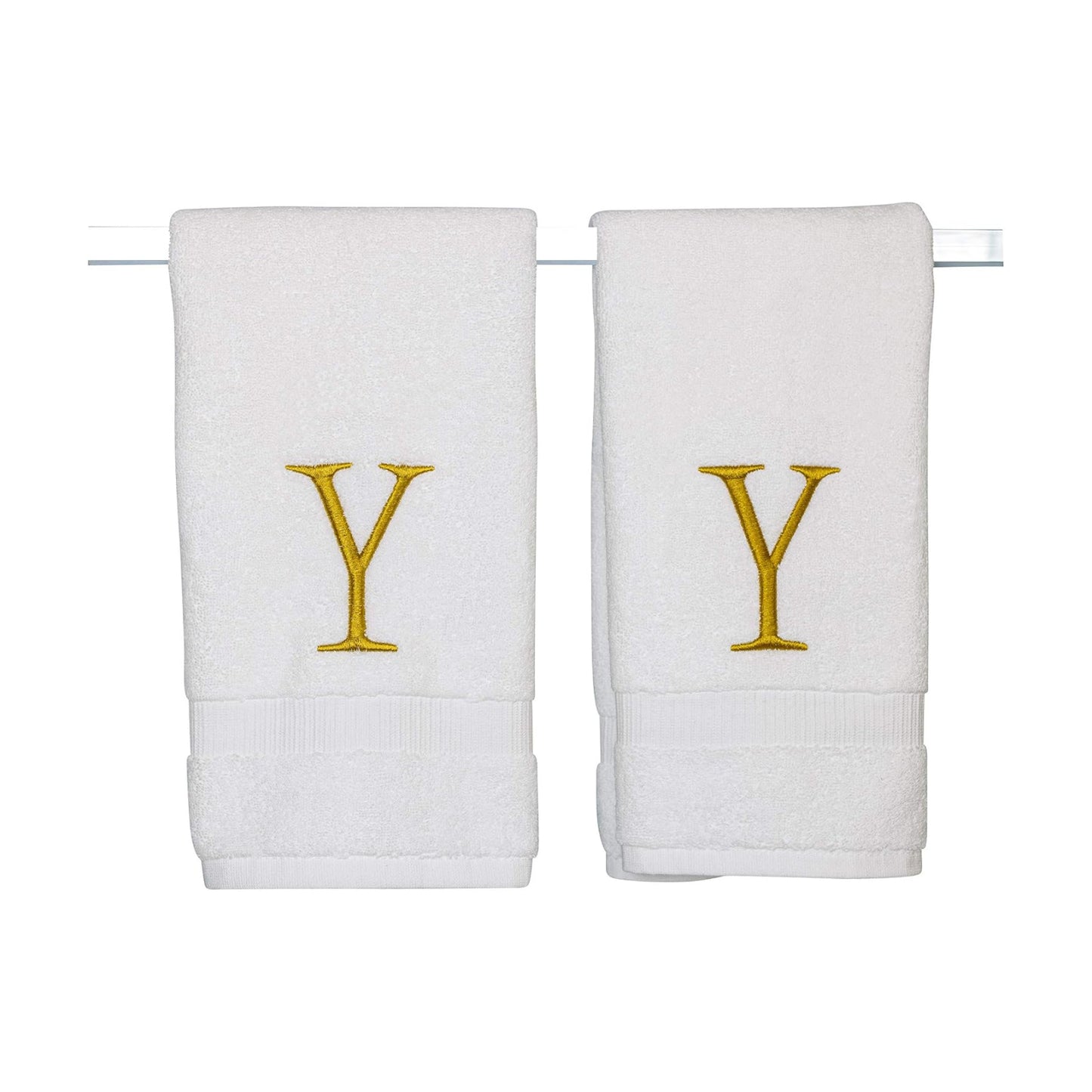 White with Gold Monogrammed Hand Towels for Bathroom - Set of 2 Letter Y | Luxury Hotel Quality Initial Towels For