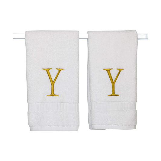 White with Gold Monogrammed Hand Towels for Bathroom - Set of 2 Letter Y | Luxury Hotel Quality Initial Towels For