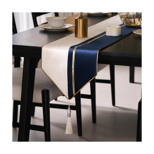 Avigers Table Runner 12 x 90 Inch, Blue White, Geometric, Tassels | Faux Silk double-layer accent for dining rooms