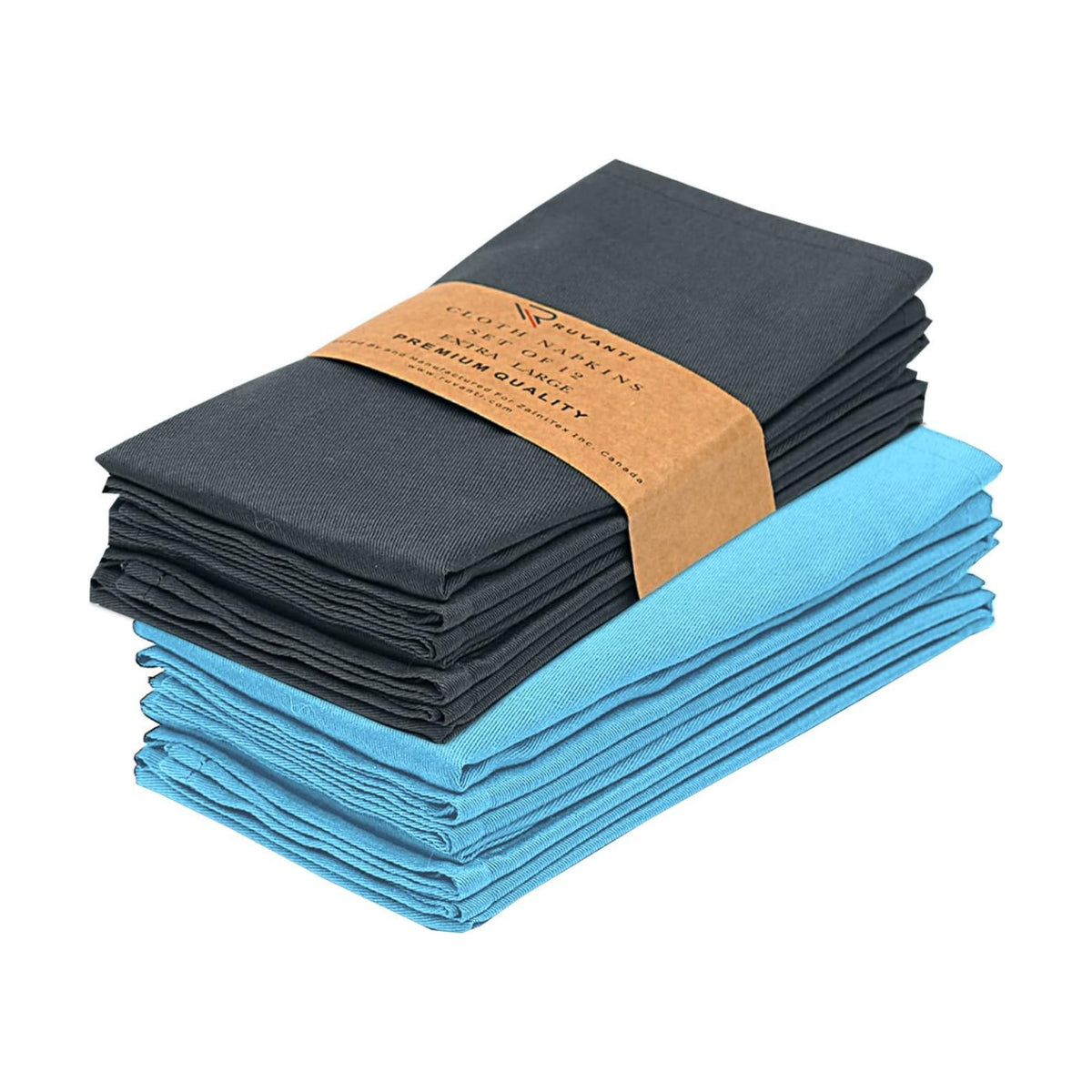 Ruvanti Cloth Napkins Set of 12, Cotton Enrich 18”x18” - Dark Grey & Teal