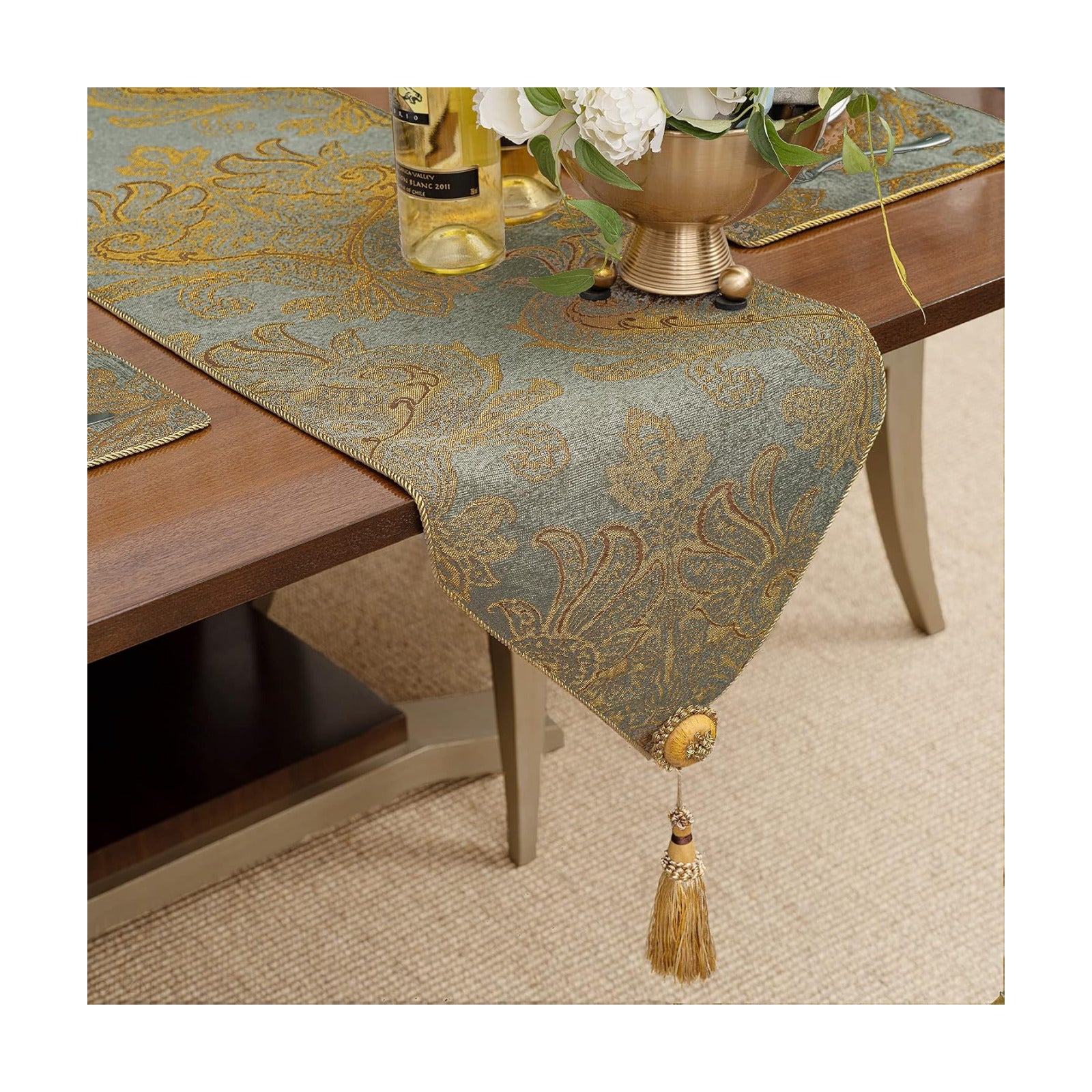 Loom and Mill Luxury Chenille Damask Table Runner 108 inches Long,Blue Gold | Traditional Jacquard Table Runners with