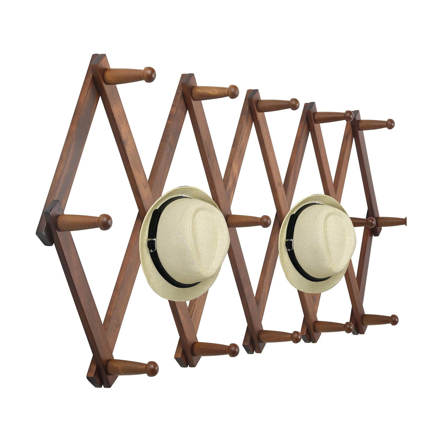 WEBI Accordion Wall Hanger, Wooden Coat Rack Wall Mounted, Hat & Cap Hook Rack, 16 Peg Hooks, Walnut Color