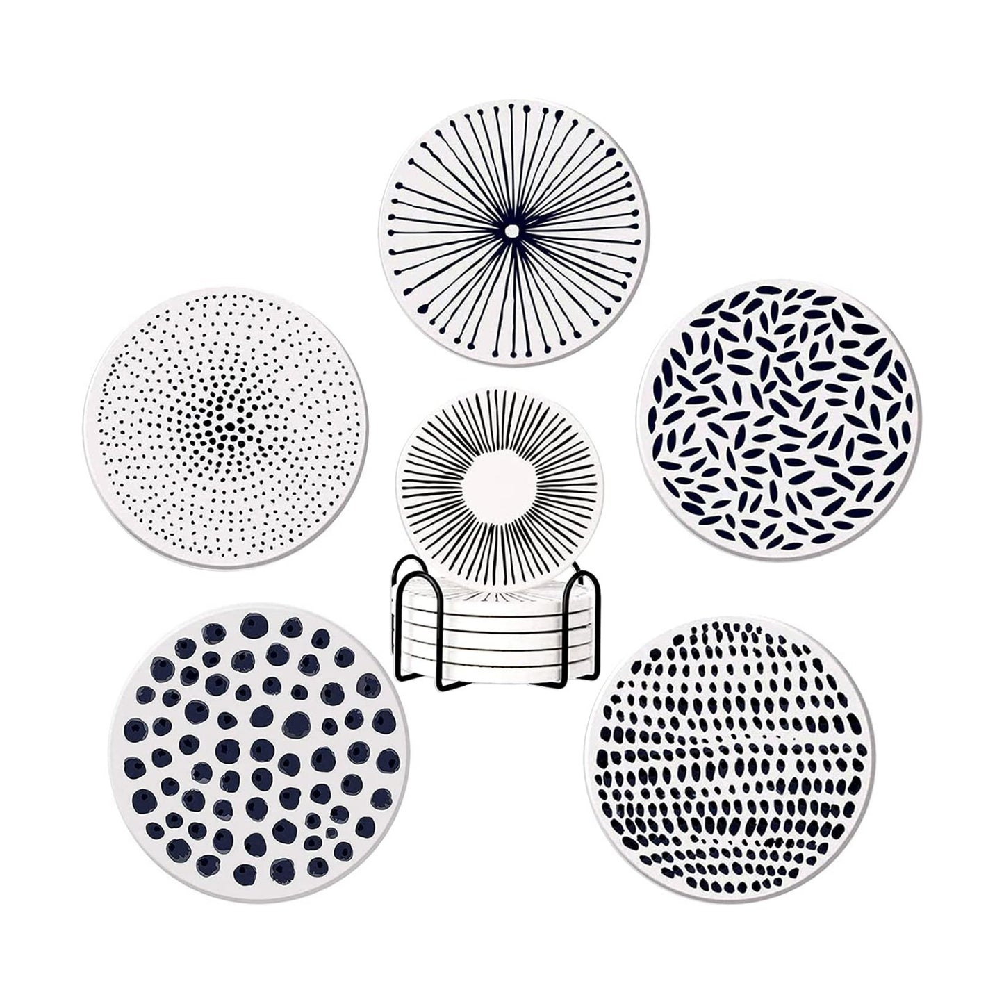 Holder Absorbent Ceramic Stone Coasters / White and Black / Set of 6