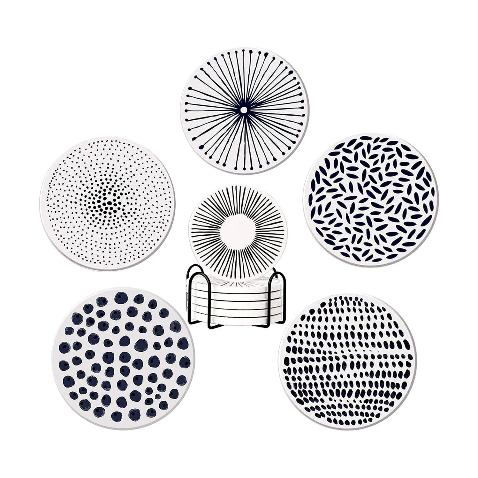 Holder Absorbent Ceramic Stone Coasters / White and Black / Set of 6