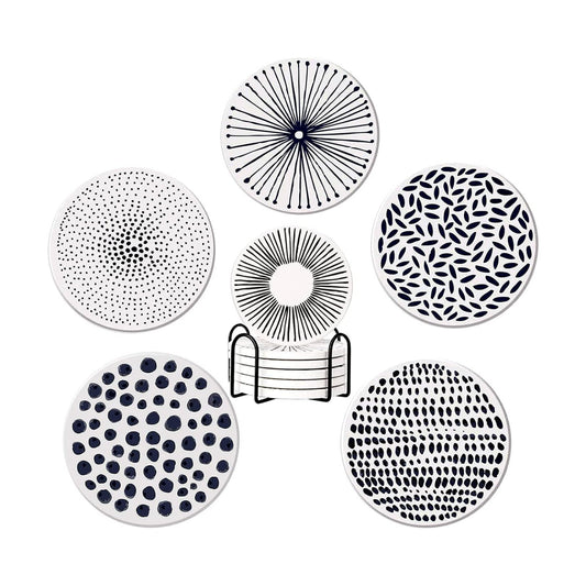 Holder Absorbent Ceramic Stone Coasters / White and Black / Set of 6