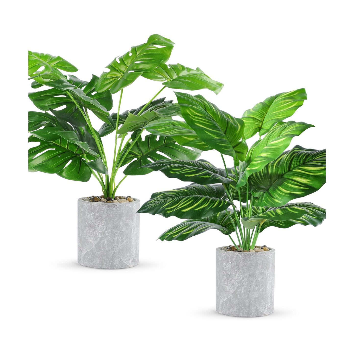 16" Fake Plants Medium Artificial Plants in Pots Faux / Monstera Leaf and Greenery Leaf / Set of 2