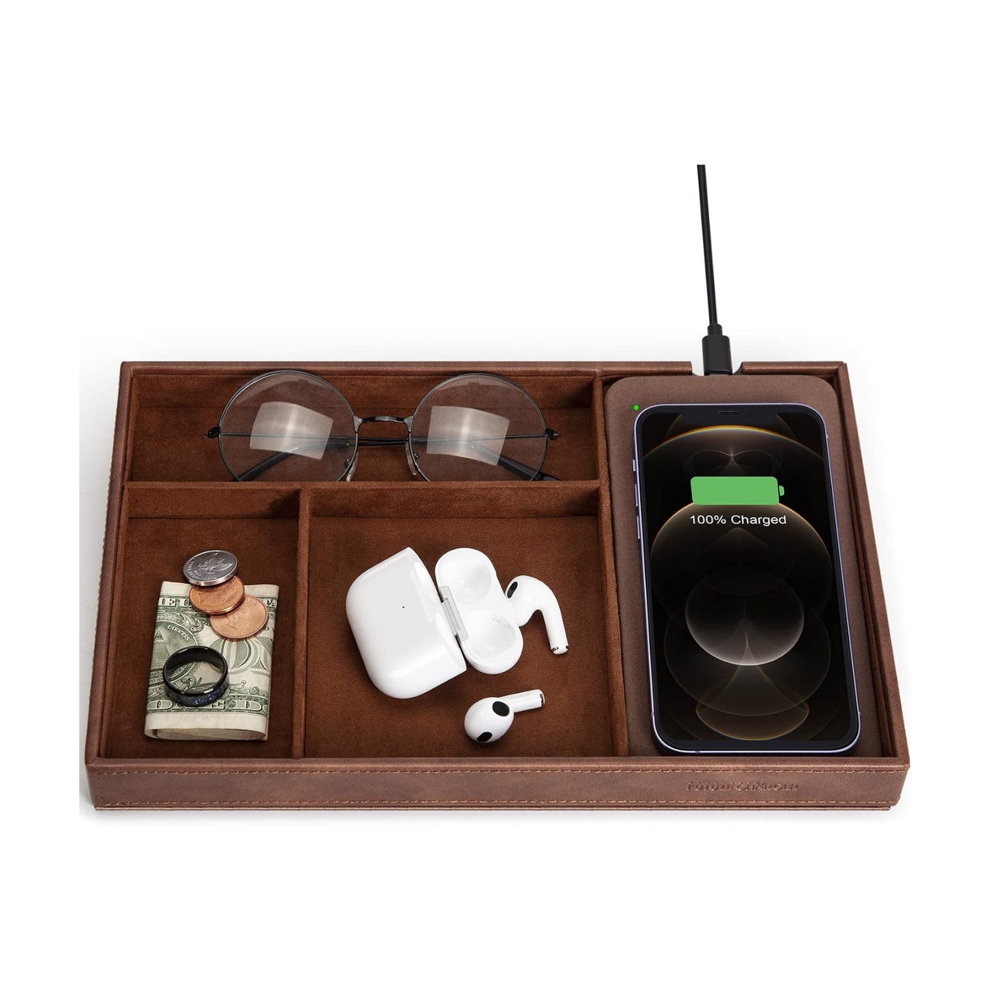 Valet Tray, Built in Wireless Charging Pad, Nightstand Organizer | Dresser Organizer, Mens Jewelry Box, Valet Charging