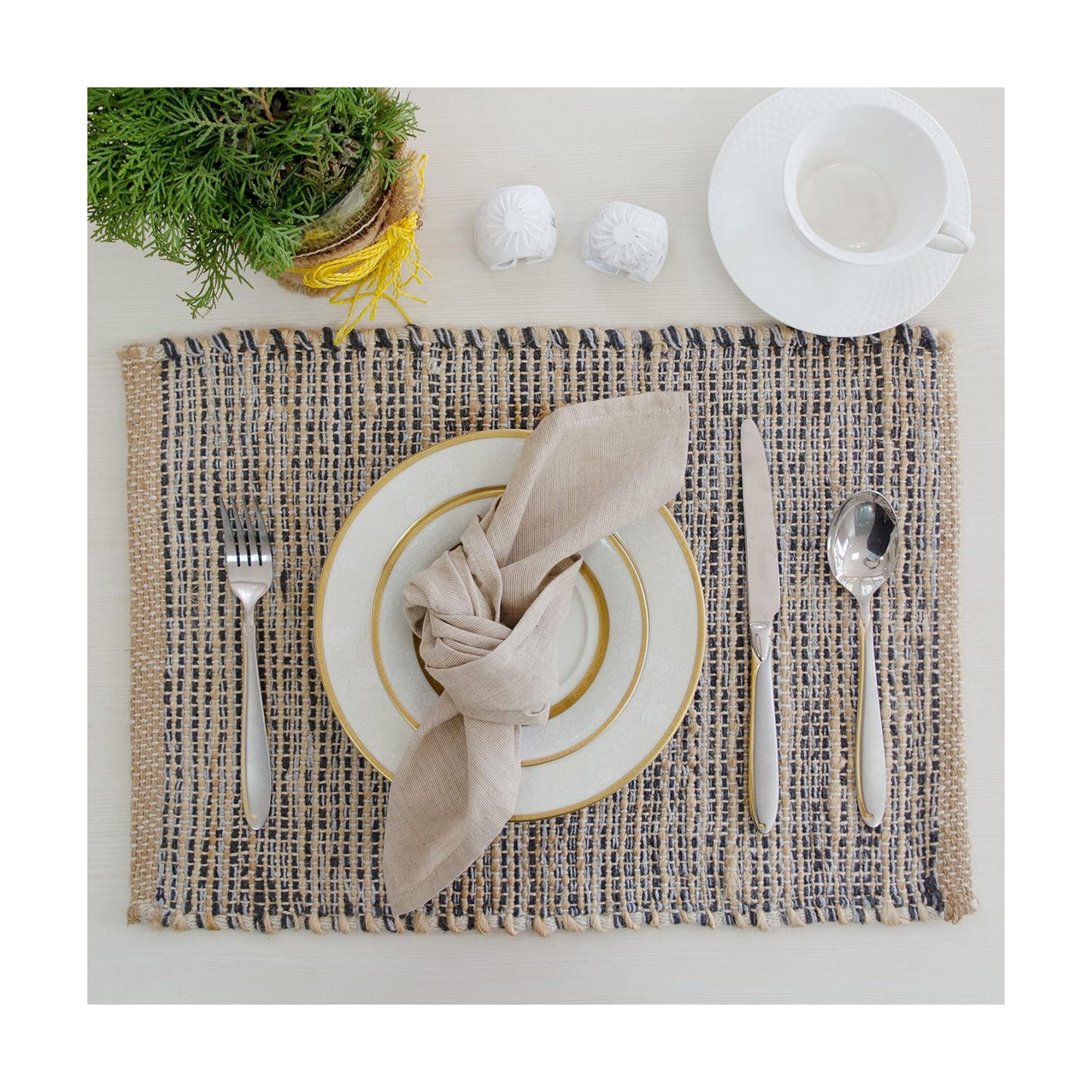 Natural Jute & Grey Placemats, Set of 4 – Rustic Handmade Boho Table Mats, 13x19 Inch Dining Table Placemats for