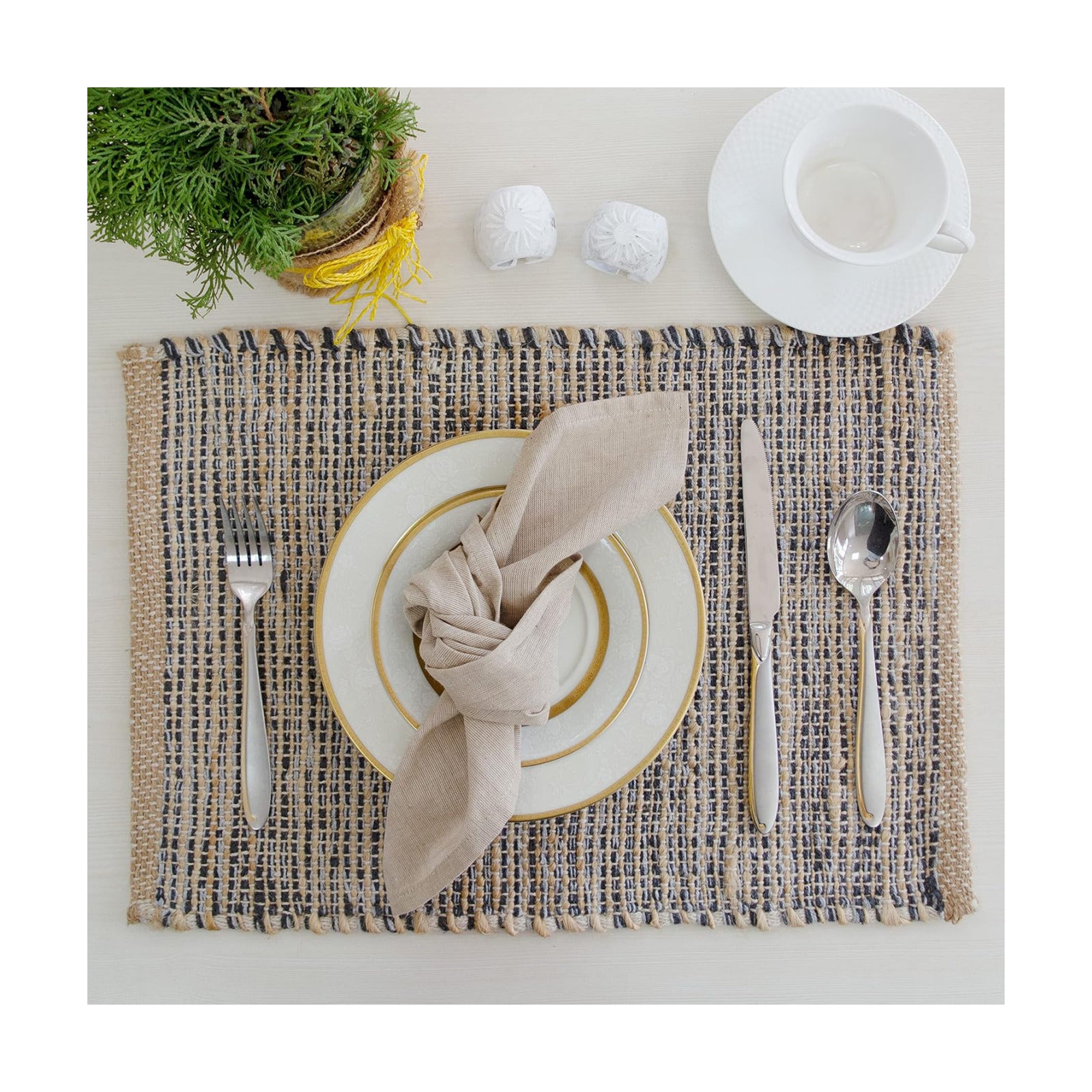 Natural Jute & Grey Placemats, Set of 4 – Rustic Handmade Boho Table Mats, 13x19 Inch Dining Table Placemats for
