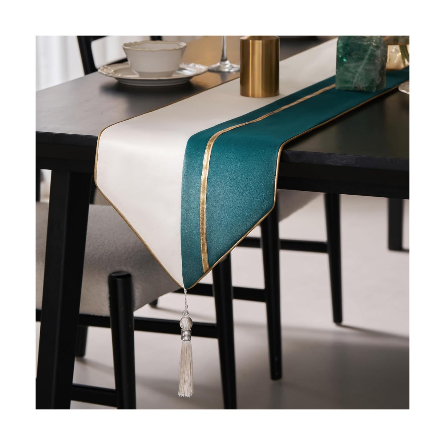 Avigers Table Runner 12 x 108 Inch, Emerald Green White, Geometric, Tassels | Faux Silk double-layer accent for dining