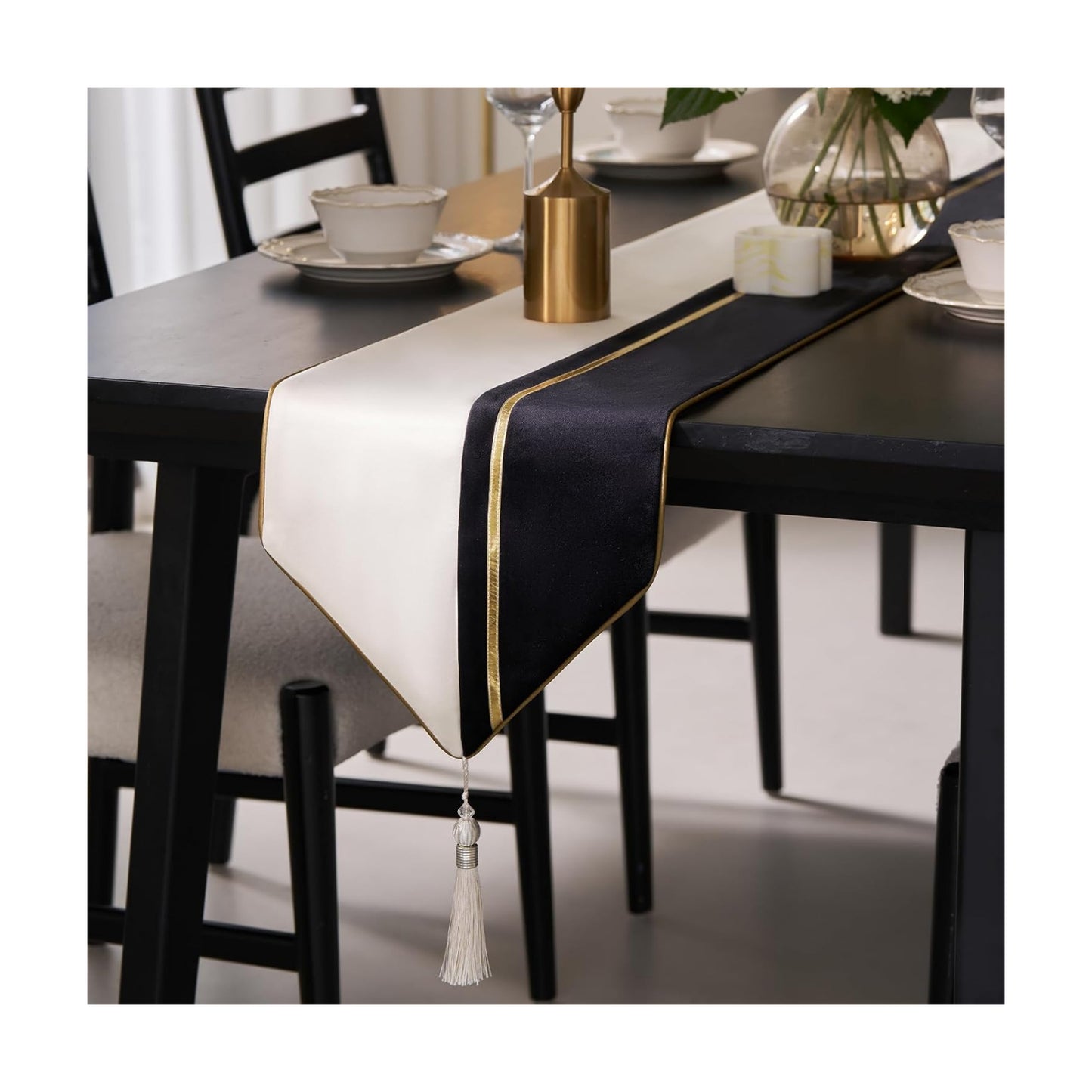 Avigers Table Runner 12 x 108 Inch, Black Gold, Geometric, Tassels | Faux Silk double-layer accent for dining rooms
