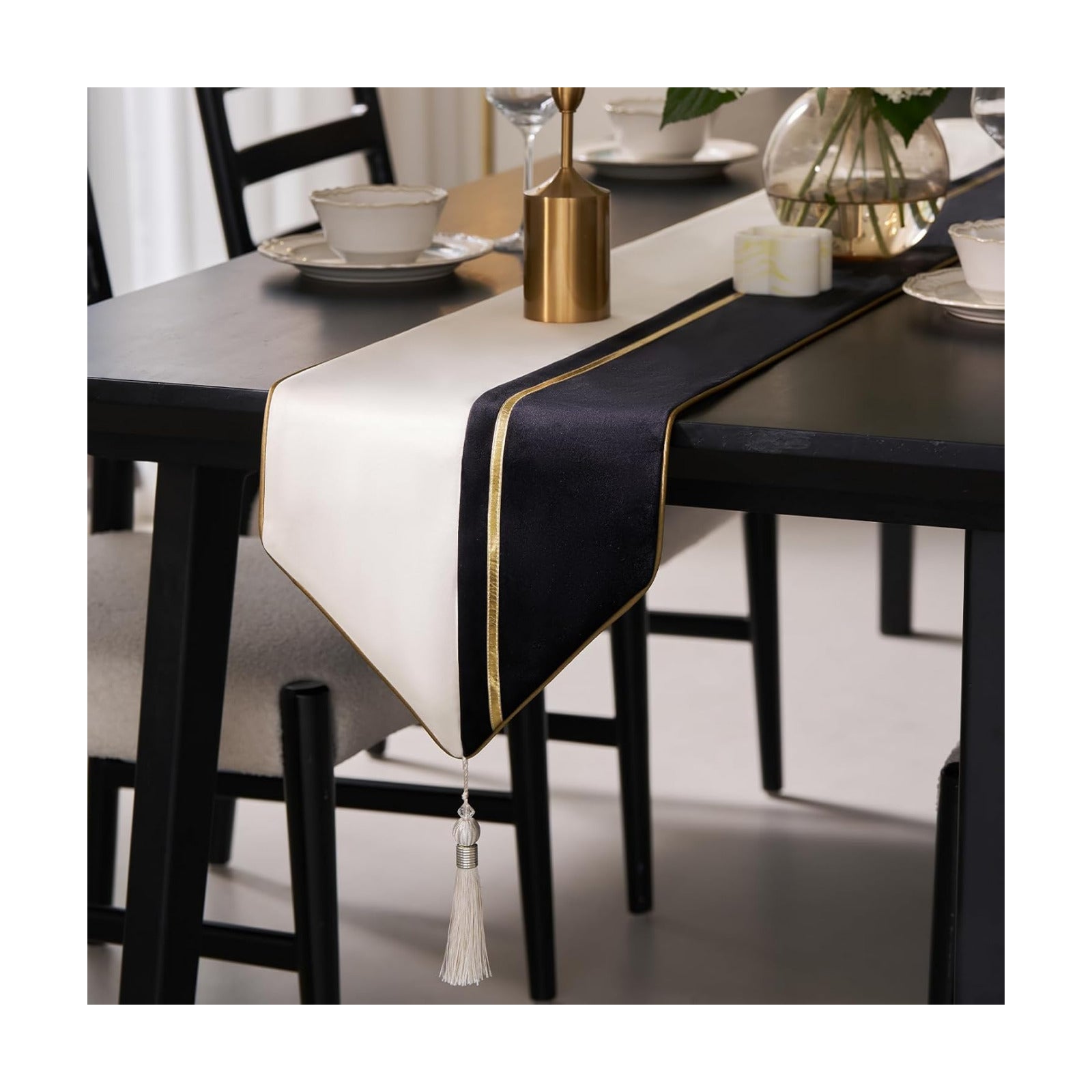 Avigers Table Runner 12 x 108 Inch, Black Gold, Geometric, Tassels | Faux Silk double-layer accent for dining rooms