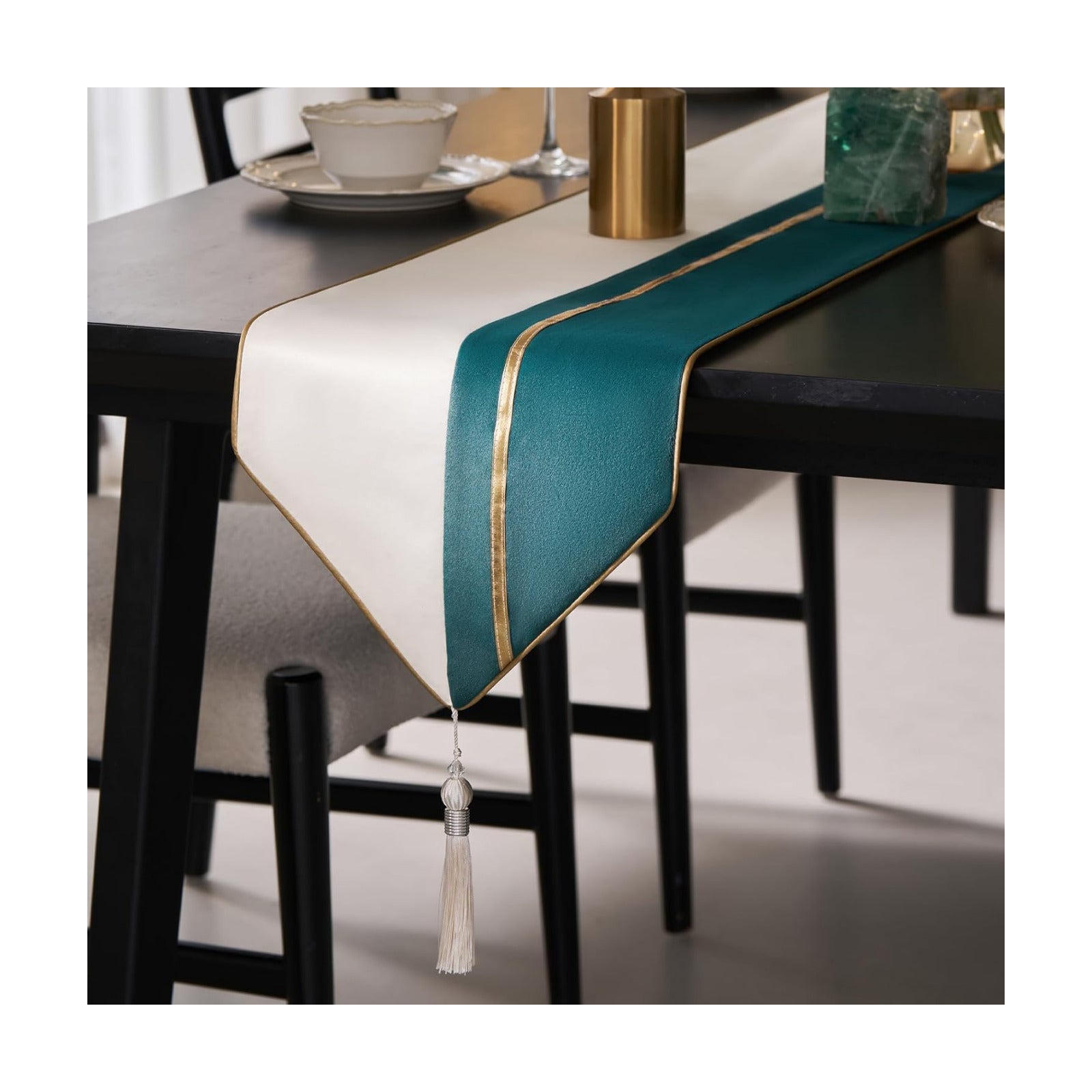 Avigers Table Runner 12 x 90 Inch, Emerald Green White, Geometric, Tassels | Faux Silk double-layer accent for dining