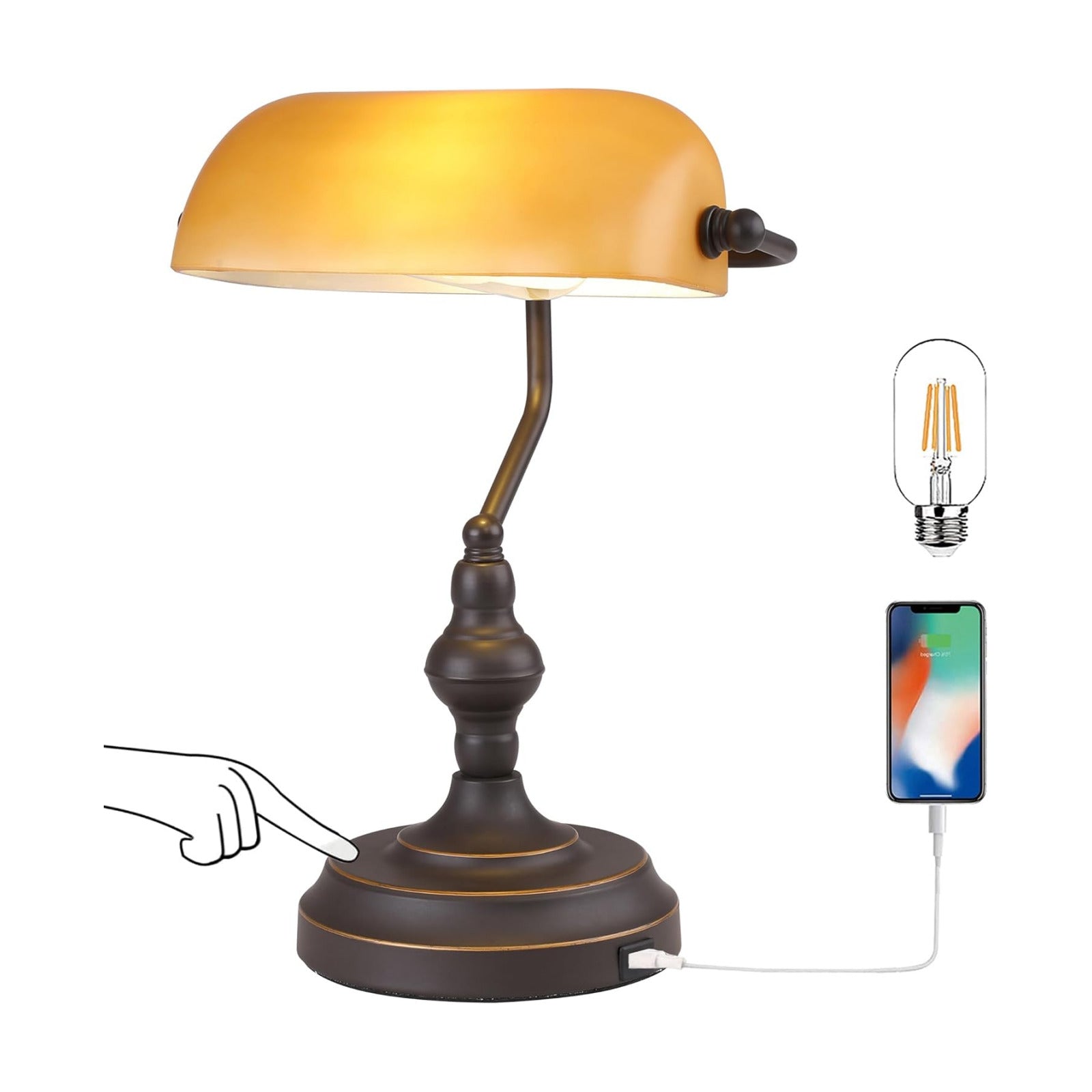 Banker Desk Lamp Touch Control, Oil Rubbed Bronze | 3 Way Dimmable Banker's Desk Lamp, USB-A Port, Amber Glass Shade