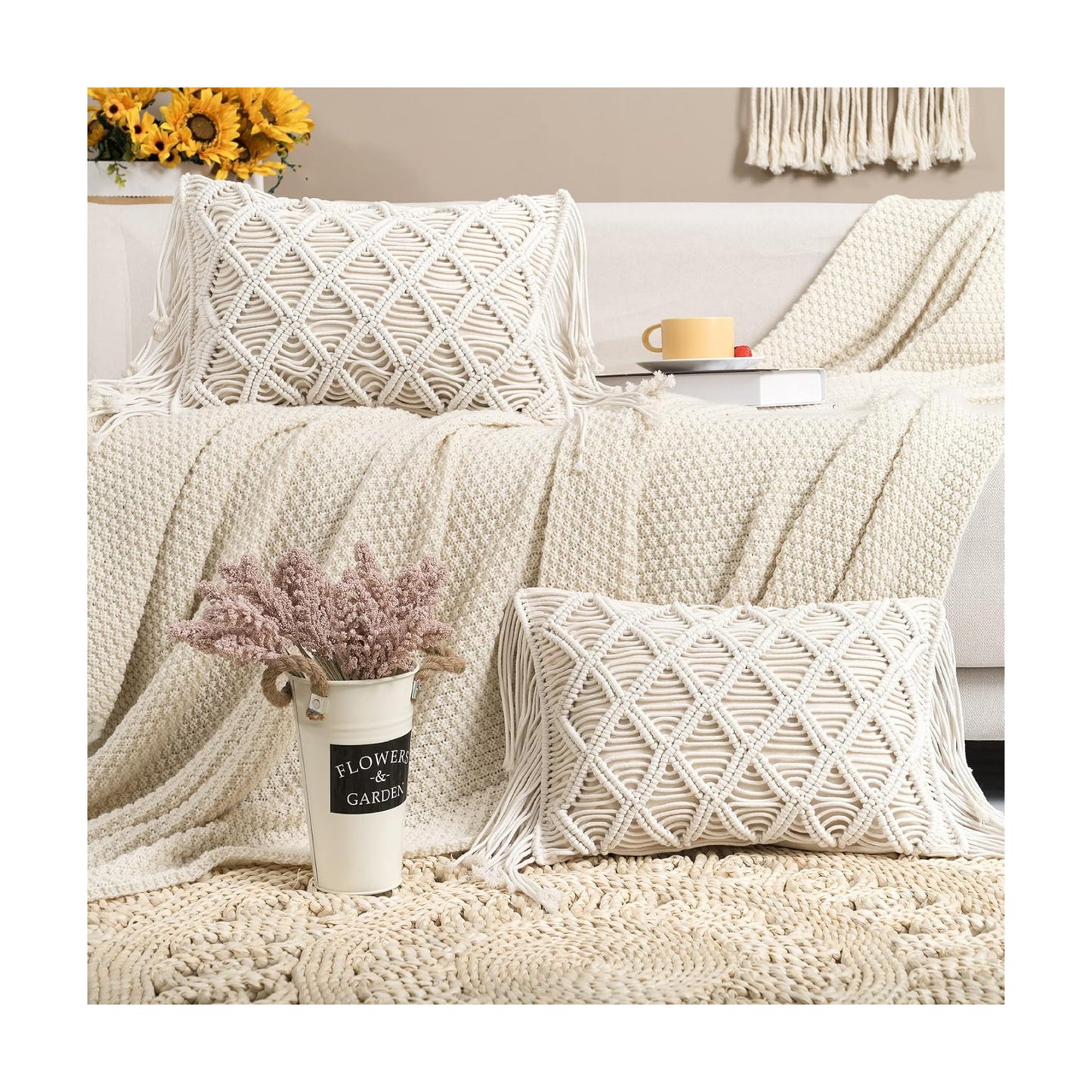 Macrame Lumbar Pillow Cover- Decorative Thorw Pillowcase Boho Tassel Cushion Covers / A / Set of 2