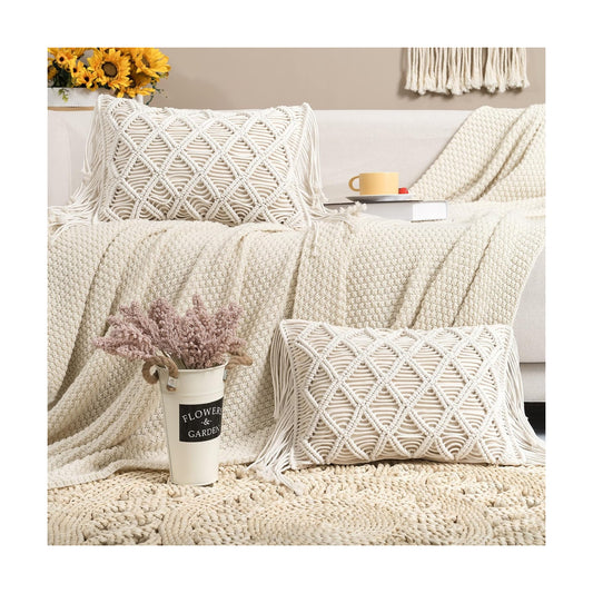 Macrame Lumbar Pillow Cover- Decorative Thorw Pillowcase Boho Tassel Cushion Covers / A / Set of 2