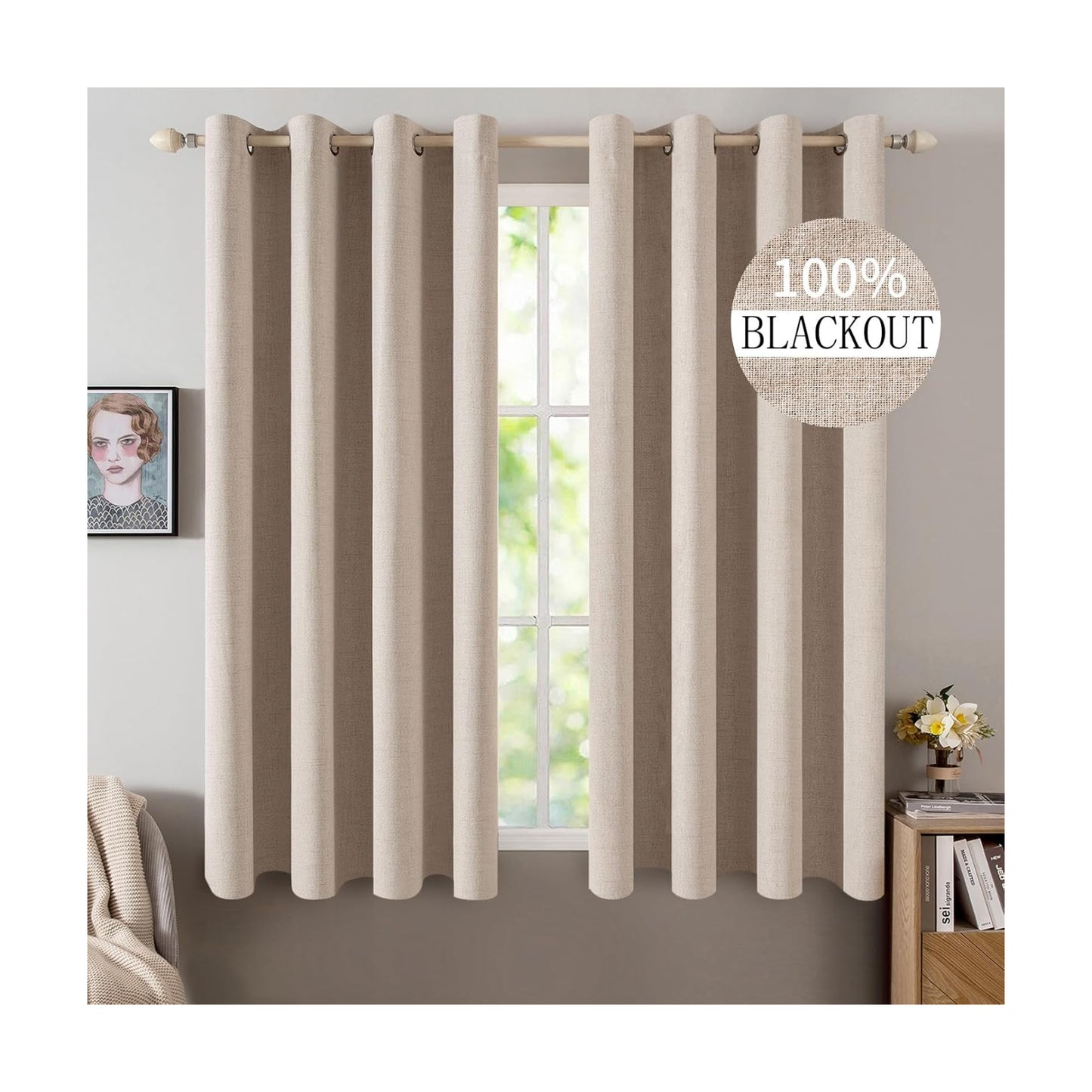 MIULEE 100% Blackout Linen Curtains for Bedroom 52x63 Inches Natural Beige