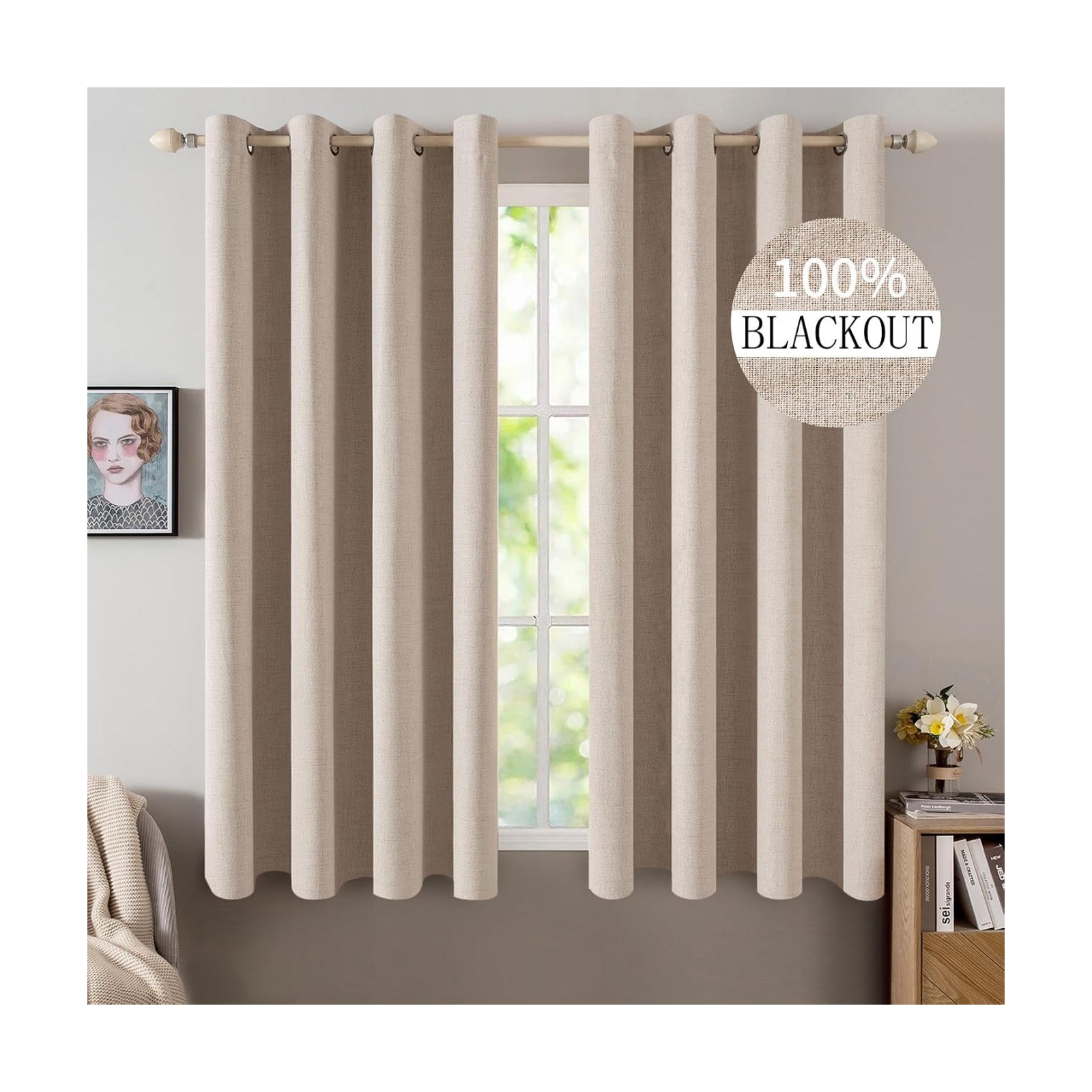 MIULEE 100% Blackout Linen Curtains for Bedroom 52x63 Inches Natural Beige