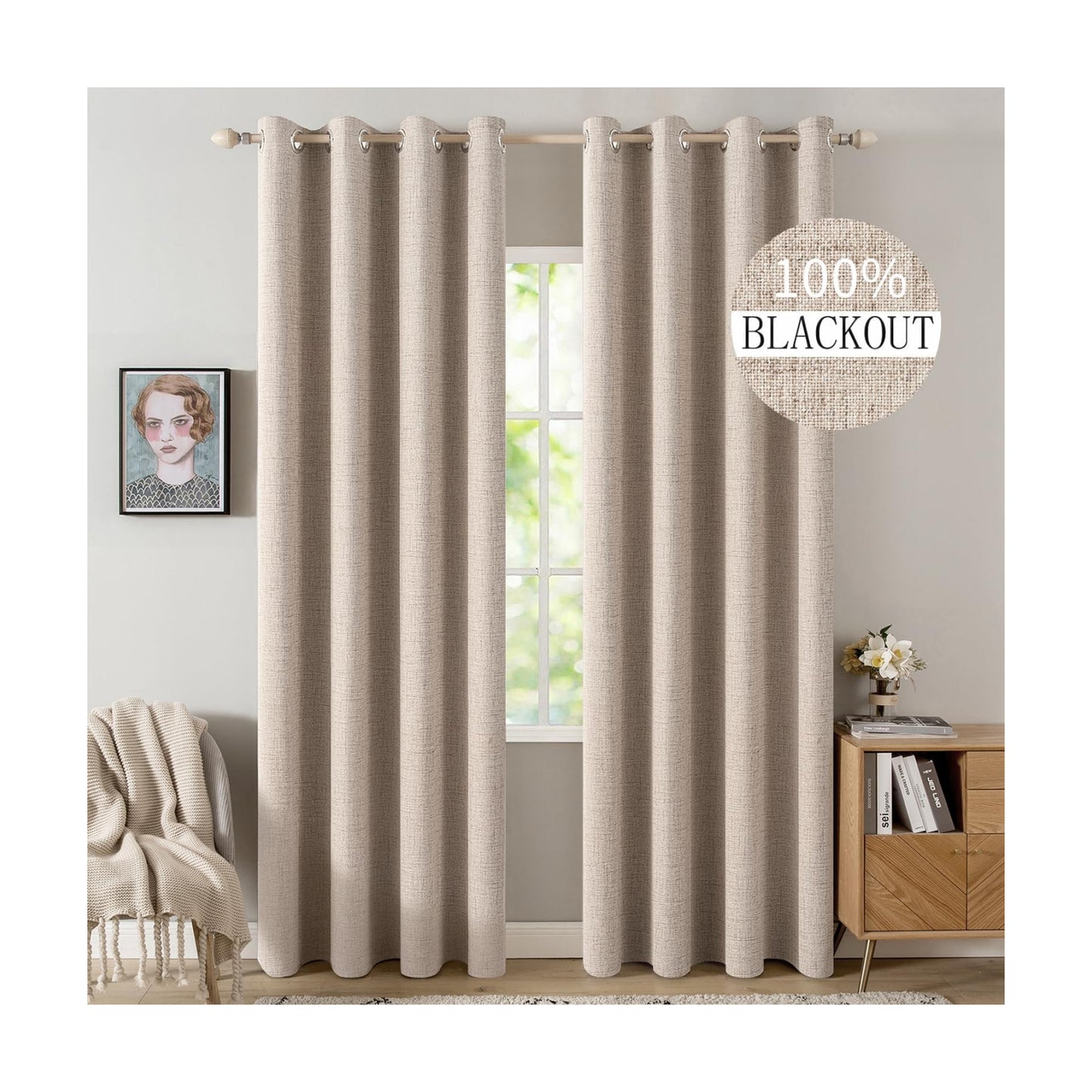 MIULEE 100% Blackout Linen Curtains for Bedroom 52x84 Inches Natural Beige