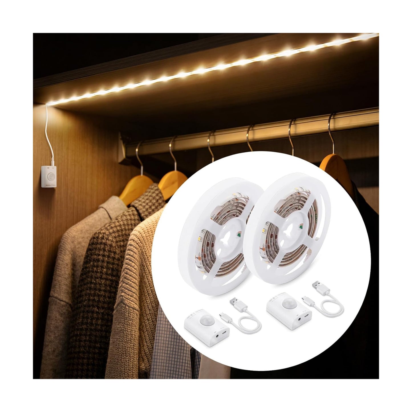 LUXJET Rechargeable LED Strip with Motion Sensor (2Pack-3.3FT, Warm White) | Motion Activated, 1500mAh Battery