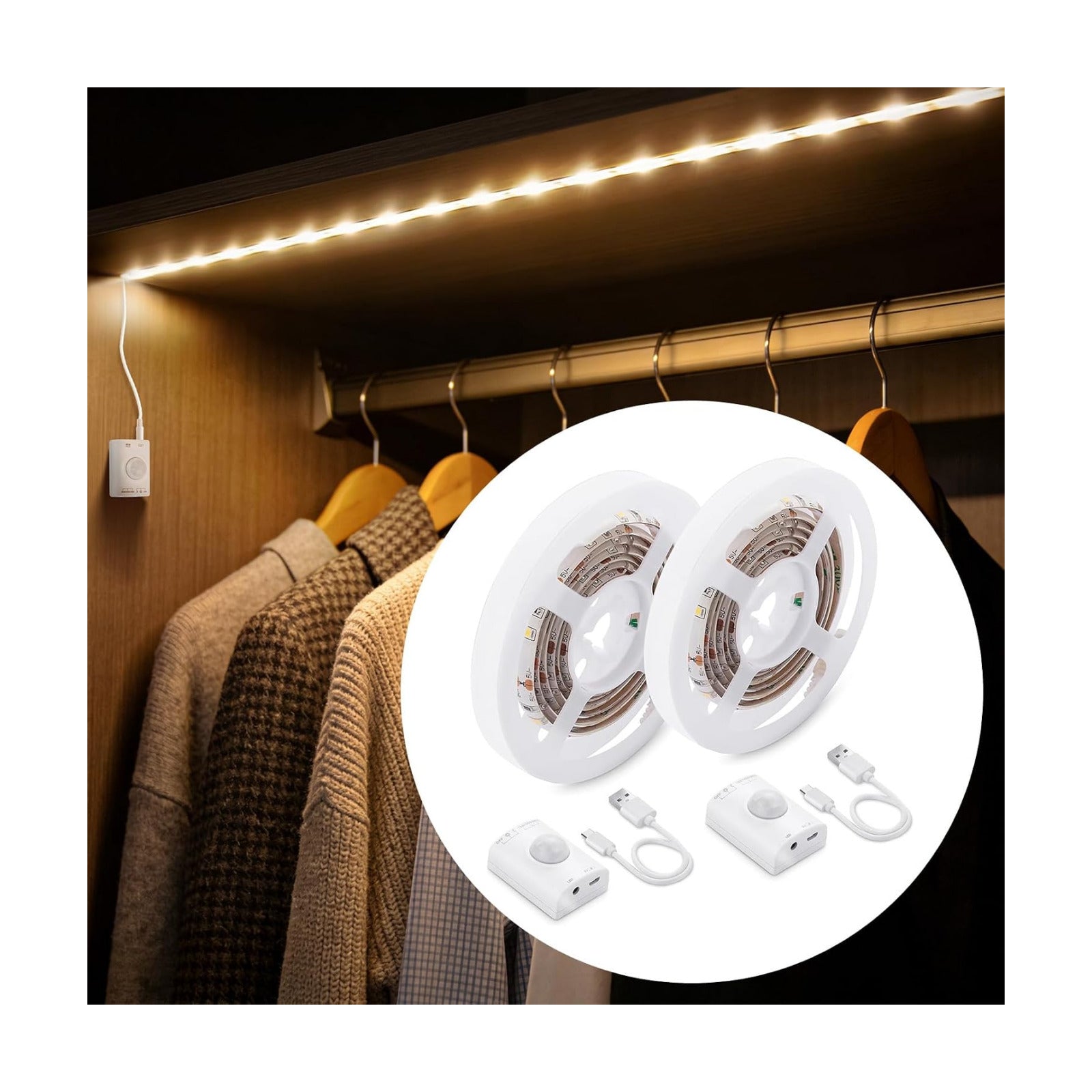 LUXJET Rechargeable LED Strip with Motion Sensor (2Pack-3.3FT, Warm White) | Motion Activated, 1500mAh Battery