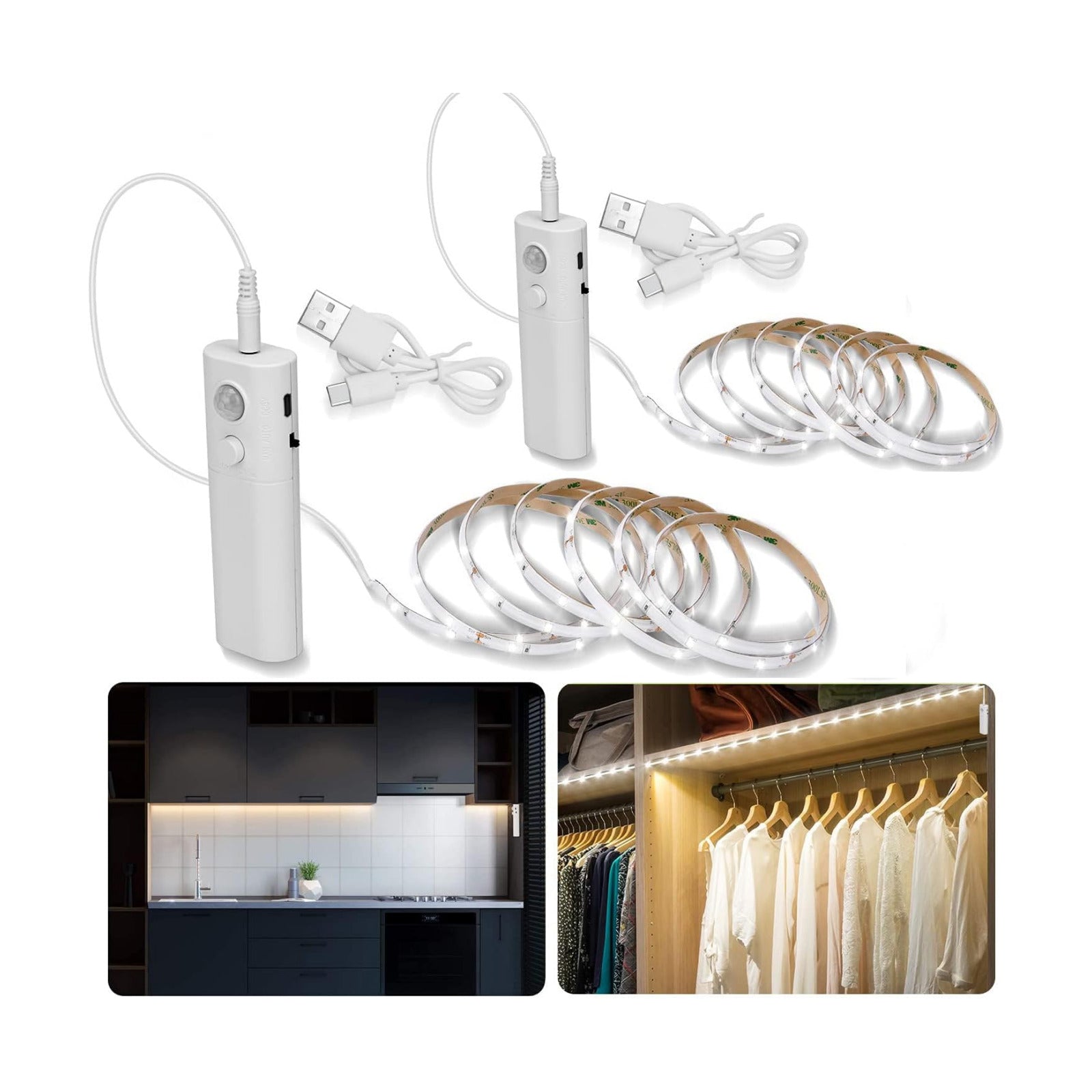 Rechargeable Motion Sensor LED Strip for Cabinet (2Pack-6.6FT, Cool White) | Motion Activated, 1500mAh Battery