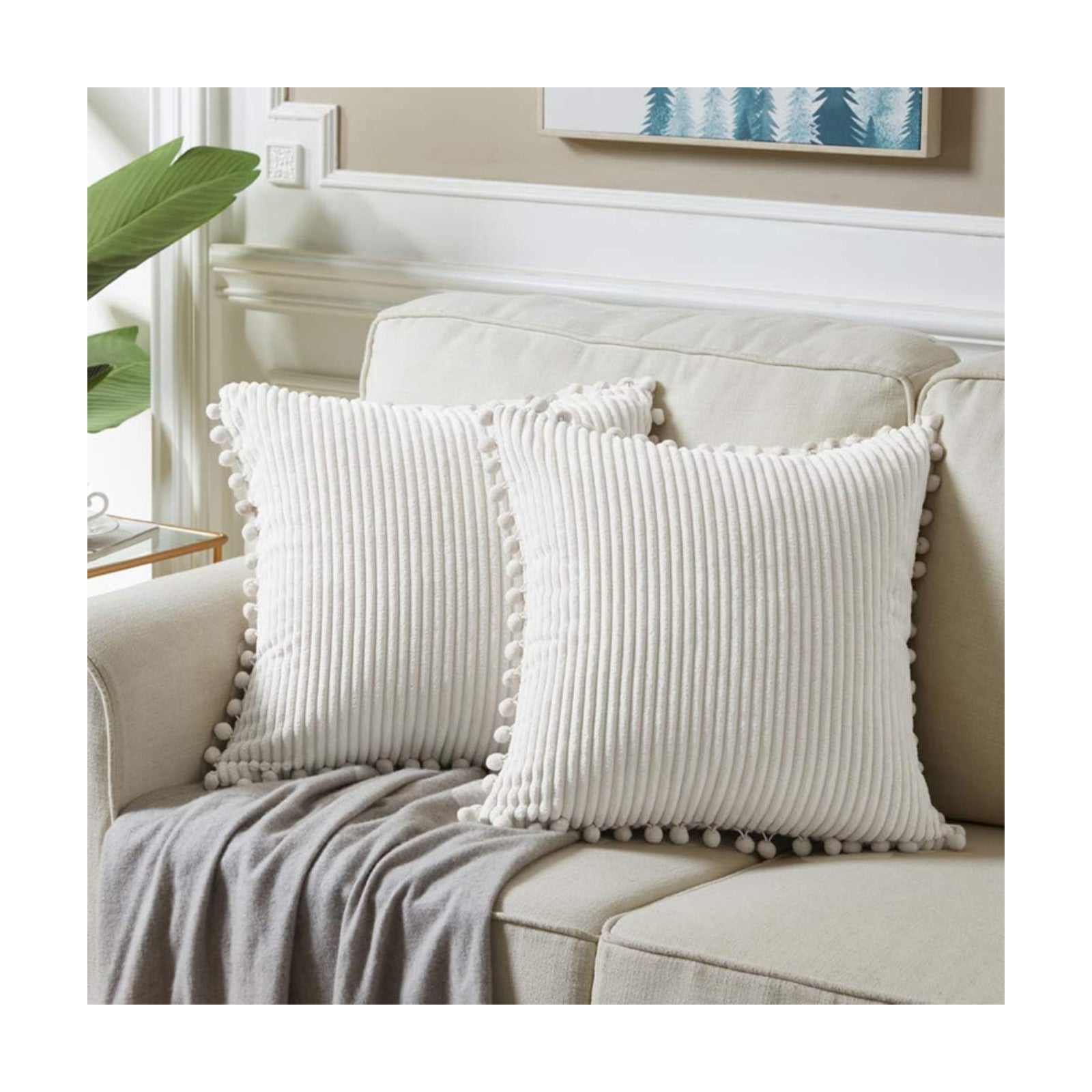 Cream Corduroy Pom Pom Throw Pillow Covers / 18 x 18 / Cream White / Set of 2