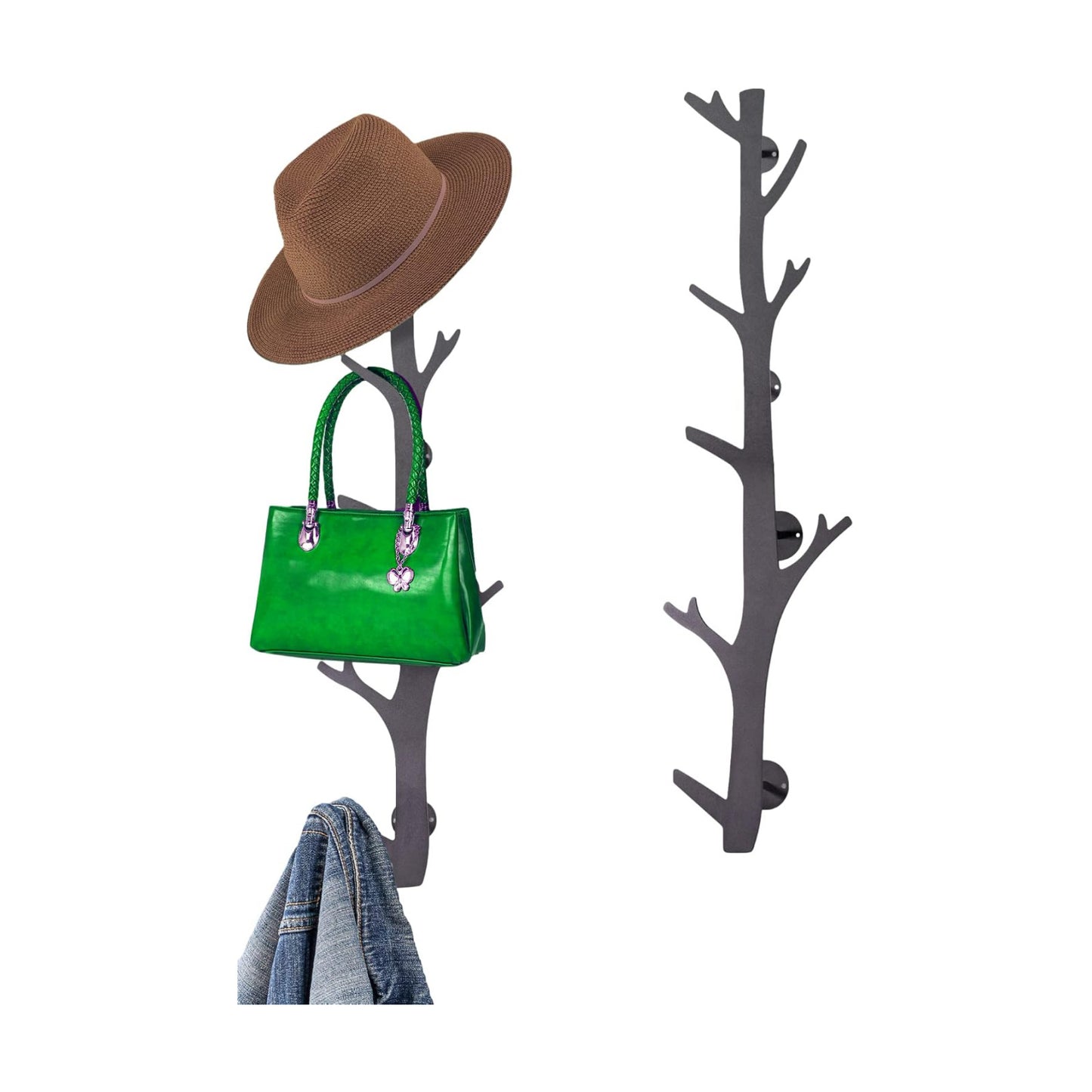 Tree Branch Coat & Hat Rack Wall Mount with 8 Vertical Hooks for Caps, Coats, Purse & More Modern Storage Dog Leash