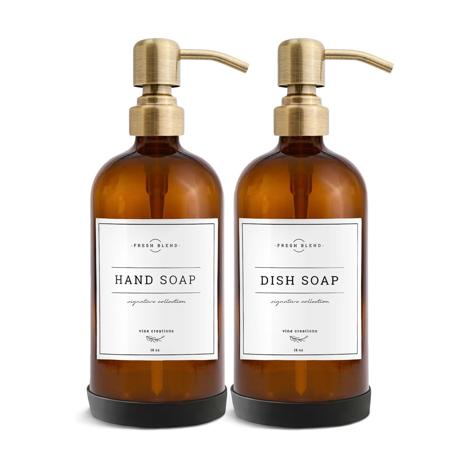 Vine Creations Amber Glass Soap Dispenser, 2 Pack Kitchen Soap Dispenser Set with Stainless Steel Pump, 16 oz Dish Soap