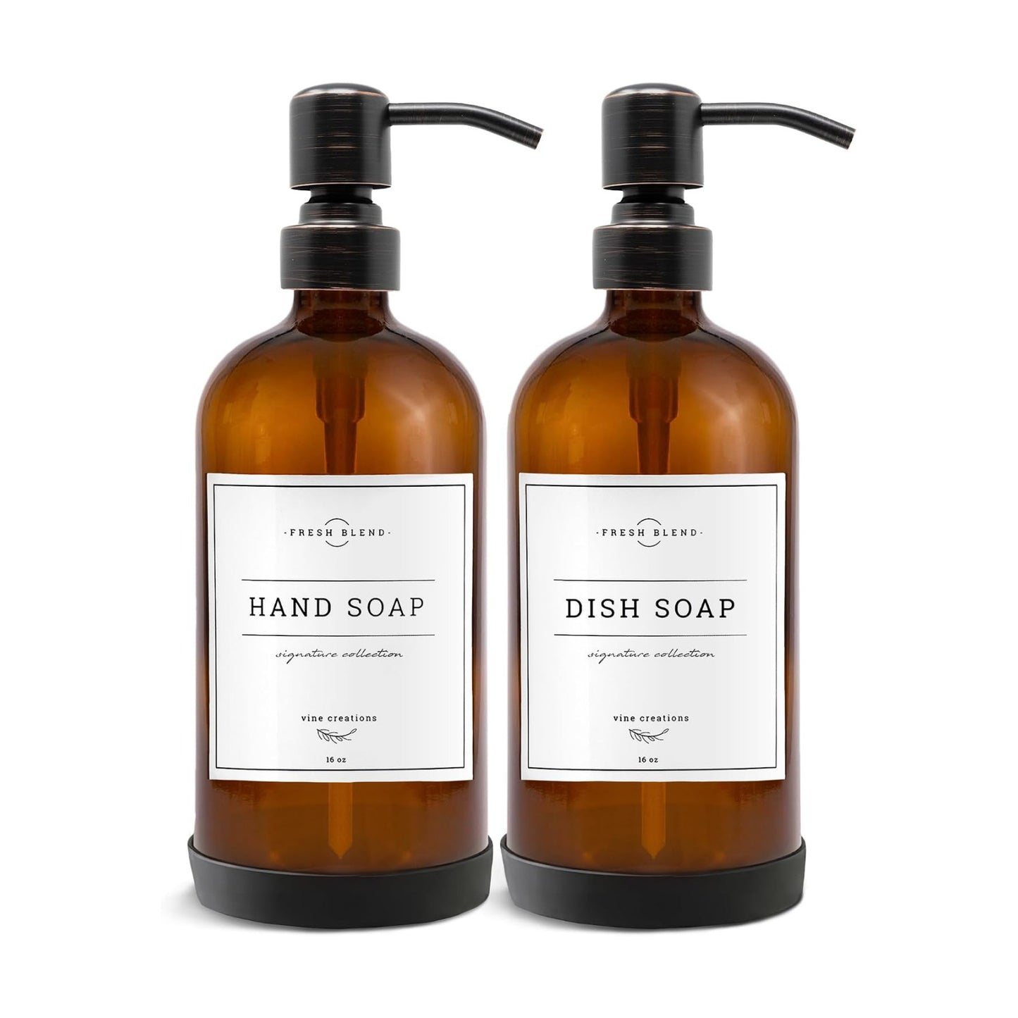 Vine Creations Amber Glass Soap Dispenser, 2 Pack Kitchen Soap Dispenser Set with Stainless Steel Pump, 16 oz Dish Soap