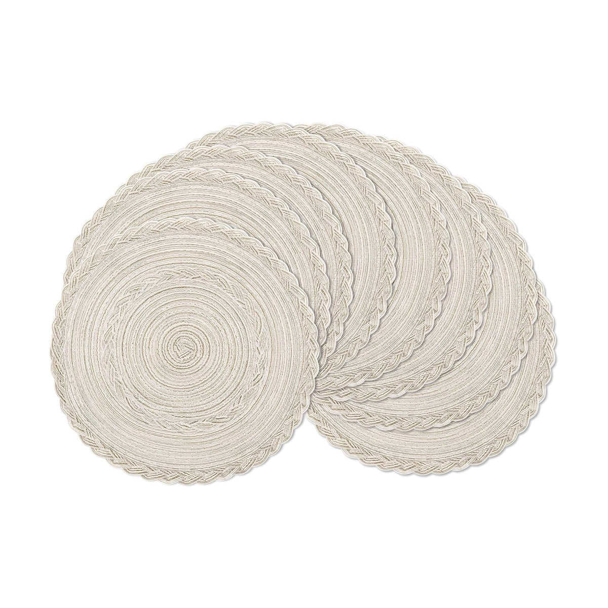SHACOS Boho Round Placemats Set of 8 Braided Border Round Place Mats 15 inch Washable Dining Table Mats for Home Wedding Holiday Party (Ivory Bordered, 8)