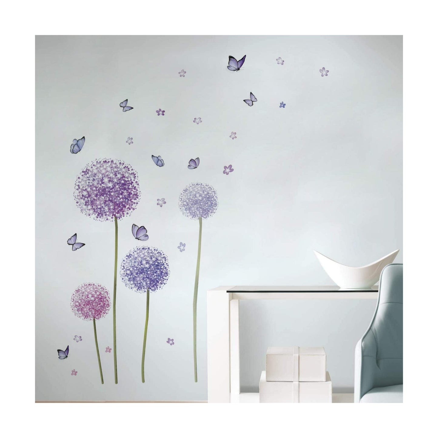 Flower Wall Decals Dandelion Butterfly Wall Stickers / Purple Flower and Butterfly
