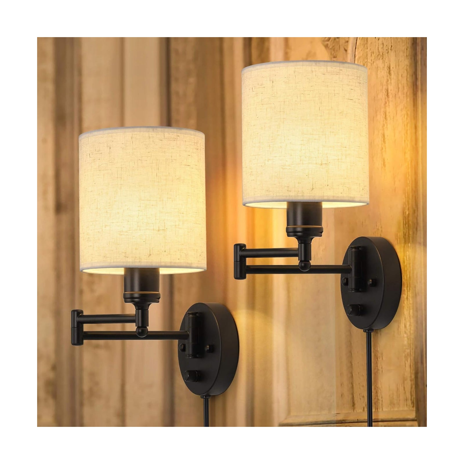 CADUKE Plug in Wall Sconce Set of 2, Swing Arm Wall Lamps | Modern, Bedroom Wall Light Fixtures, Linen Lampshade, For