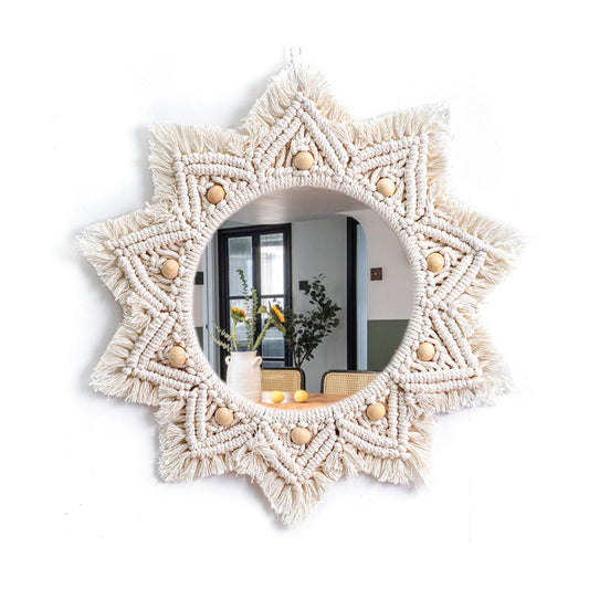 Boho Wall Decor Mirror Macrame Circle Hanging Mirror / White
