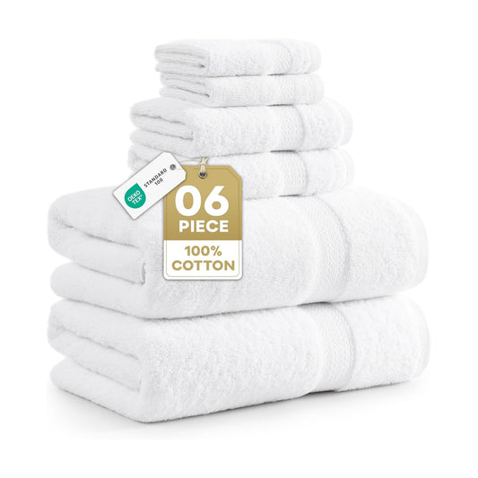 LANE LINEN Bath Towel Set 100% Cotton 6 Piece Soft Absorbent - White | Shower Towels - Generously Sized, Oversized &