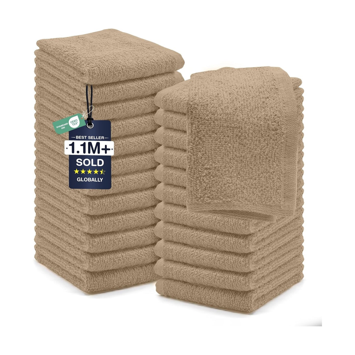 DAN RIVER 24 Pack Cotton Wash Cloths Set for Showering [12x12] Tan | Lighter Weight, Quick to Dry, Super Soft &