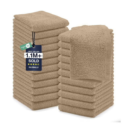 DAN RIVER 24 Pack Cotton Wash Cloths Set for Showering [12x12] Tan | Lighter Weight, Quick to Dry, Super Soft &