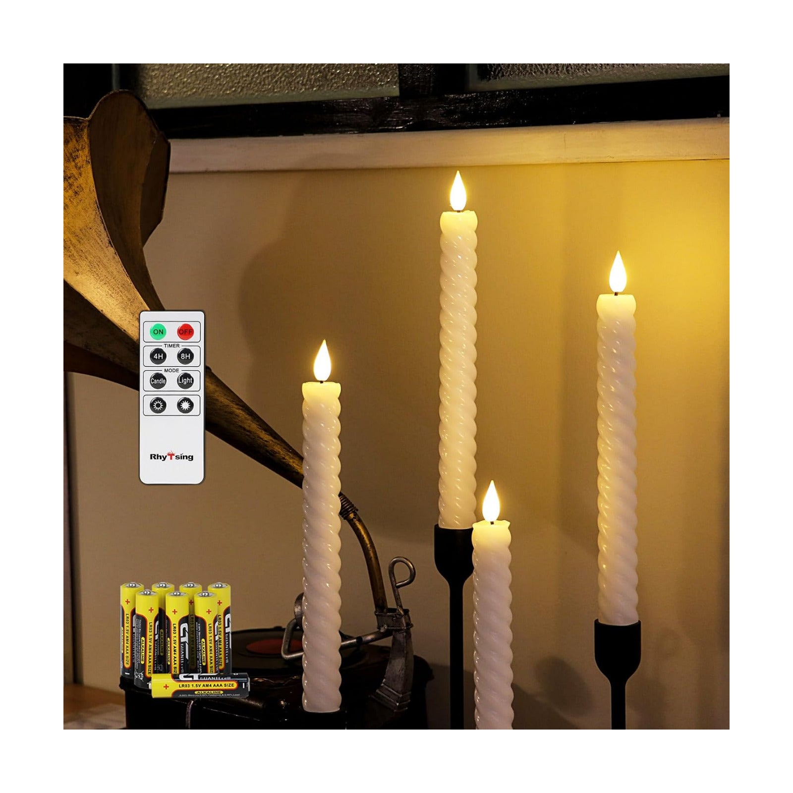 Rhytsing 10" White Flameless Twist Taper Candles with Timer, Battery Operated Spiral Candlesticks, Warm White Light
