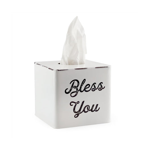 Enamelware Square Distressed Farmhouse Vintage Style Decor Tissue Holder / White with "bless You