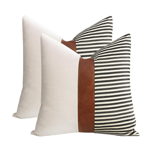 Modern Brown Faux Leather Accent Pillow Covers / Black / 18 x 18 / Set of 2