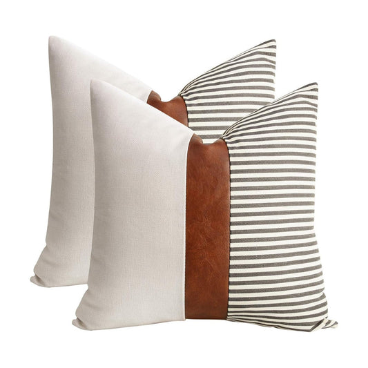 Modern Tan Faux Leather Accent Pillow Covers / Gray / 18 x 18 / Set of 2