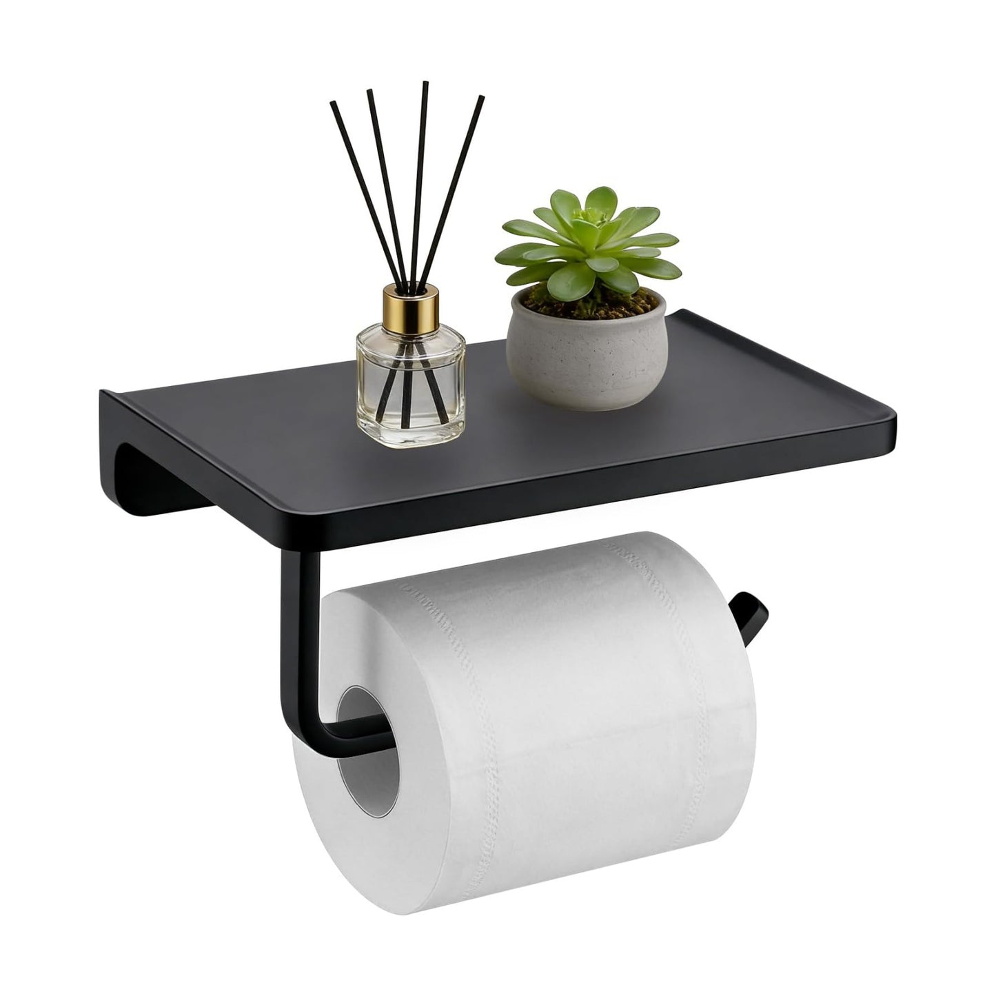 TRUSTMI Toilet Paper Holder with Shelf & Phone Stand, Matte Black | Solid zinc alloy holder holds 15 lbs and fits jumbo