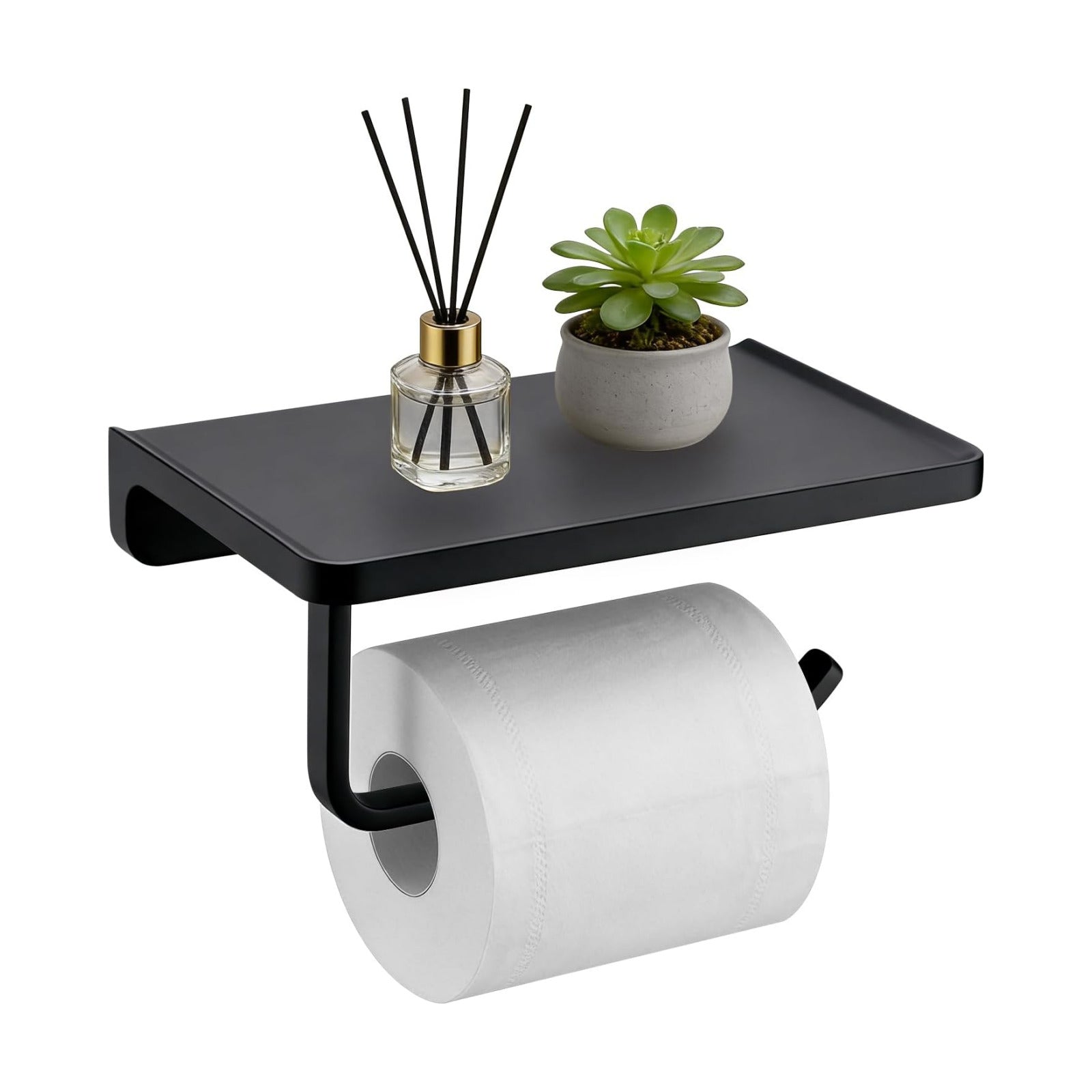 TRUSTMI Toilet Paper Holder with Shelf & Phone Stand, Matte Black | Solid zinc alloy holder holds 15 lbs and fits jumbo