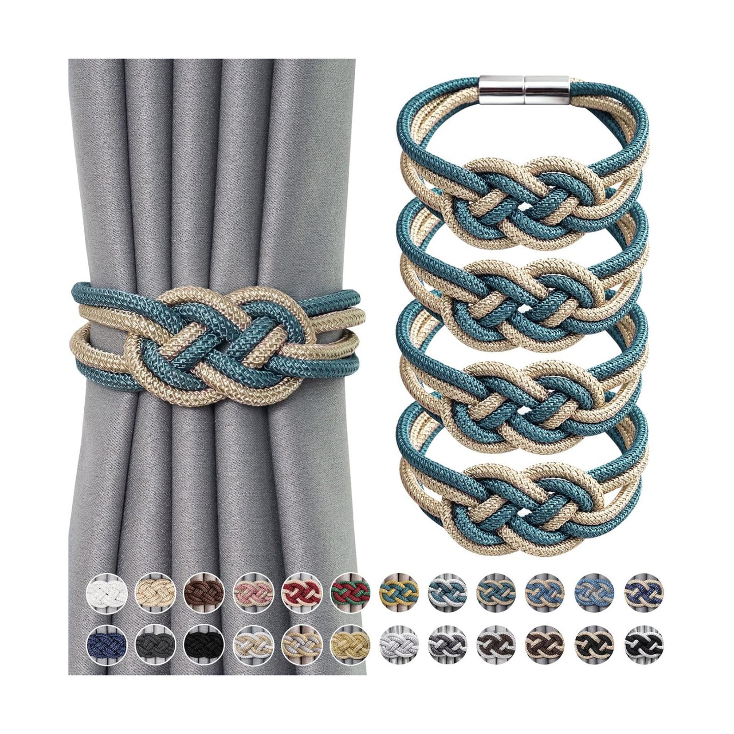 NICEEC 4 Pack Strong Magnetic Curtain Tiebacks Upgrade Nordic Simple Style Drape Tie Backs Double Color Weave Rope Knot