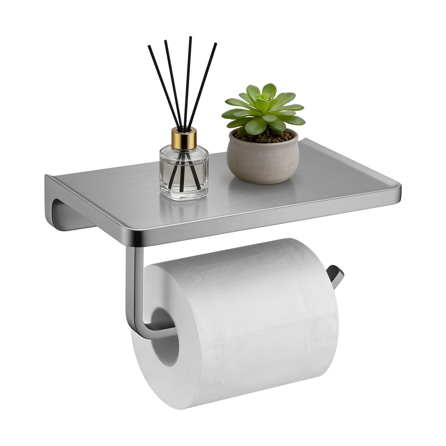TRUSTMI Toilet Paper Holder with Shelf & Phone Stand, Brushed Nickel | Solid zinc alloy holder holds 15 lbs and fits