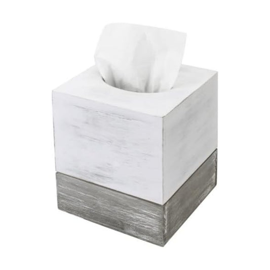 Tissue Box Cover Square Vintage White and Distressed Gray Wood Bathroom Tissue Box / White & Grey