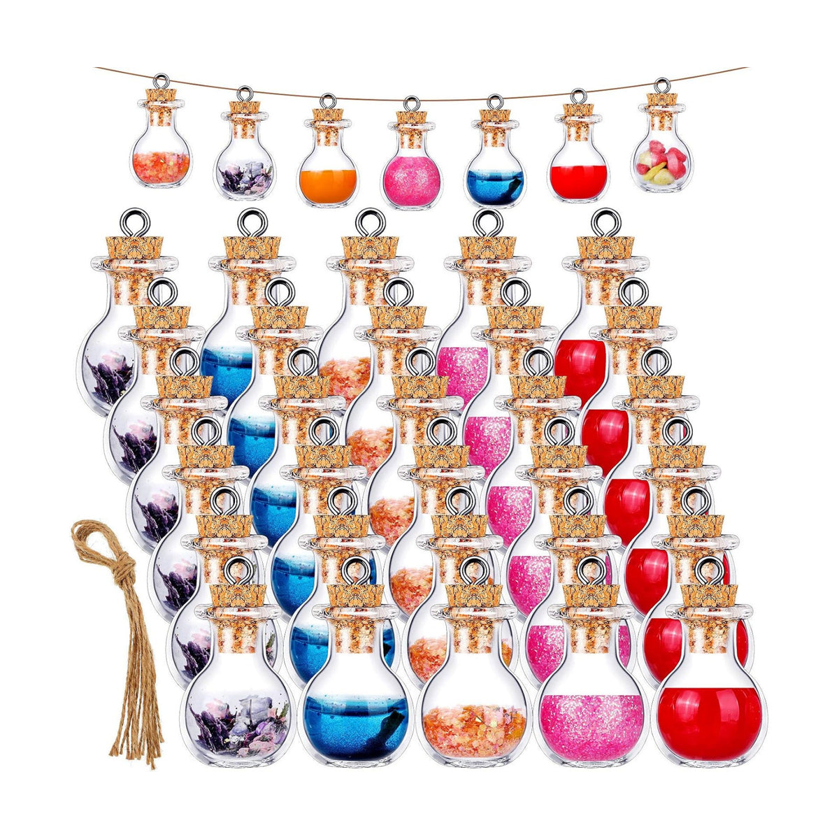 Patelai 30 Pcs Mini Glass Bottles with Cork Glass Tiny Potion Bottles with Lids Clear Mini Wishing Spell Jars with 20 Meters Hanging Rope for Necklace Making Halloween DIY Art Craft(Ball-Shaped)
