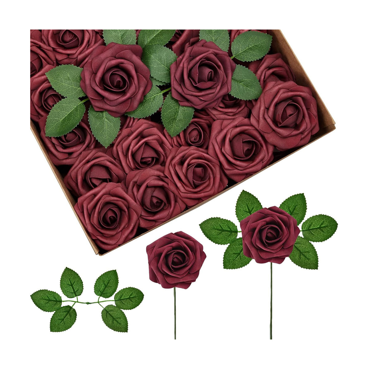 InnoGear Artificial Flowers, 50 Pcs Burgundy Foam Fake Roses Bulk with Stems for Decoration DIY Wedding Bouquets Centerpieces Bridal Shower Party Christmas Tree