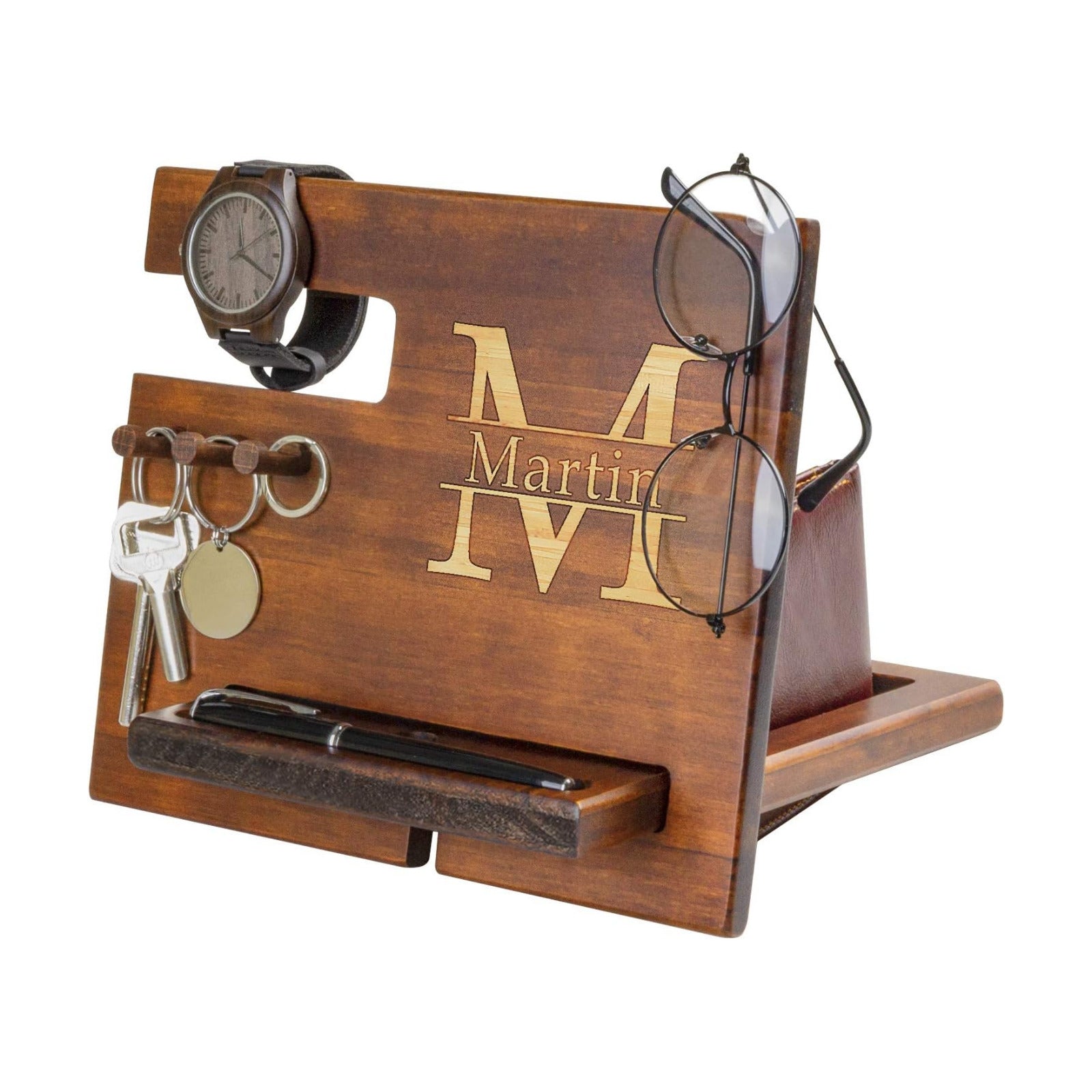 Wood Phone Docking Station for Men Personalized - Hooks Key Holder Wallet Stand Watch Organizer - Gifts for Him Husband