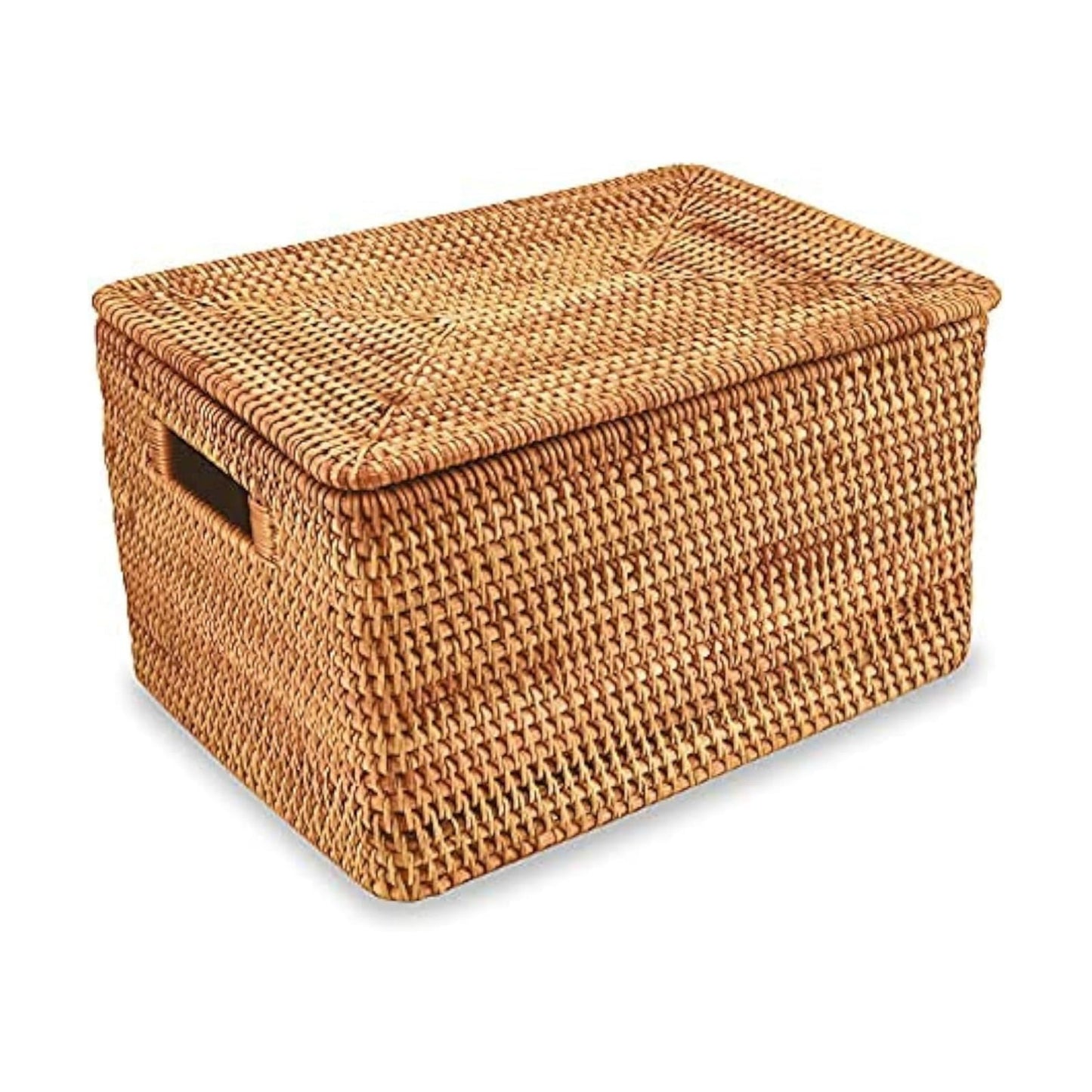 Rattan Basket / Large Lidded Basket For Storage / 15.3" Lx11.4"wx9.5"h / 4 Inch